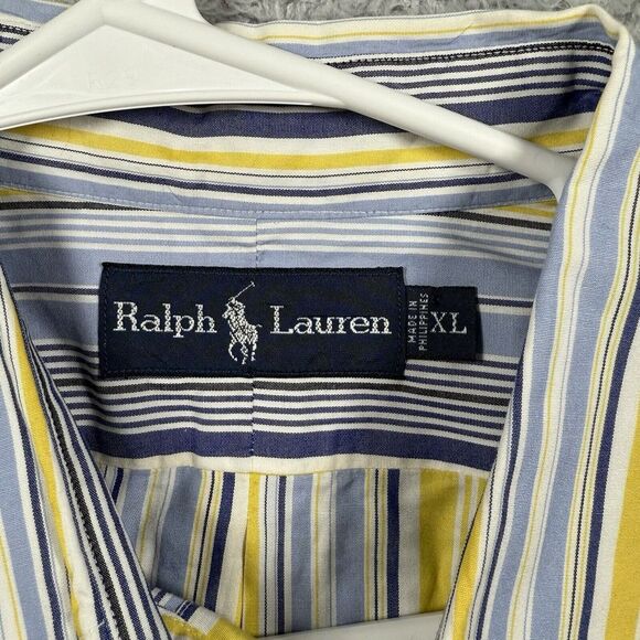Polo Ralph Lauren Men XL Classic Fit 90's Yellow Blue Stripe Casual Button Down - Picture 2 of 6